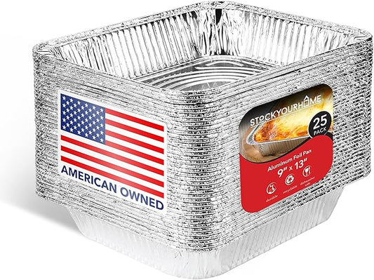 Stock Your Home Aluminum 9x13 Disposable Foil (25 Pack) – Half Size Deep Steam Table for Cooking, Heating, Storing, Prepping Food