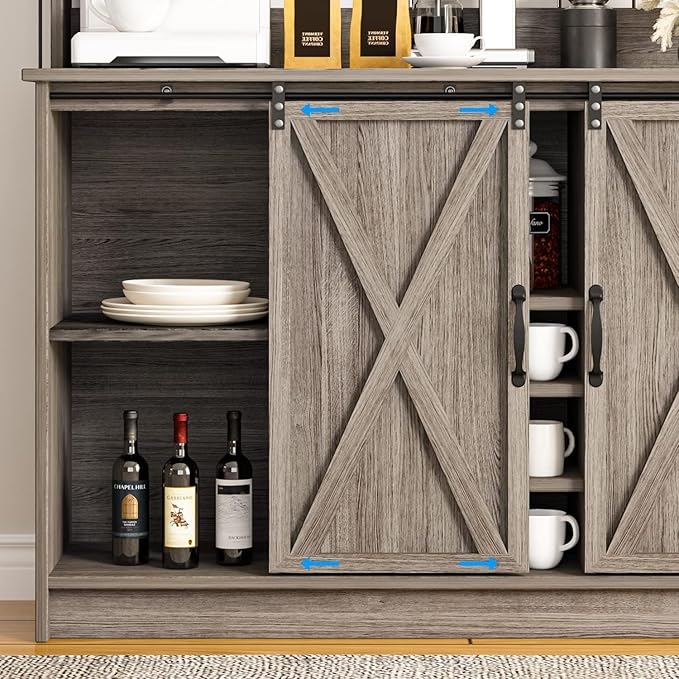 4ever2buy Farmhouse Coffee Bar Cabinet with Hutch, 47 Inch Wine Bar with Storage, Buffet Cabinet with Adjustable Shelves & 9 Wine Racks, Kitchen Buffet Cabinet for Dining Living Room, Grey