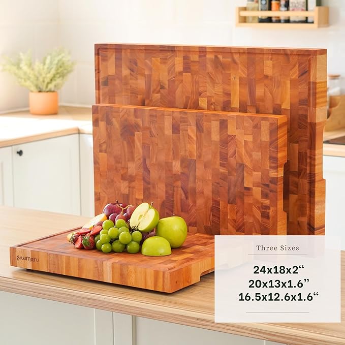 SHUMARU Mahogany End-Grain Wood Cutting Board – 20×13×1.6″ Butcher Block | Handmade in Bali – Silky-Smooth, Knife‑Friendly, Ergonomic Grips & Non‑Slip Feet