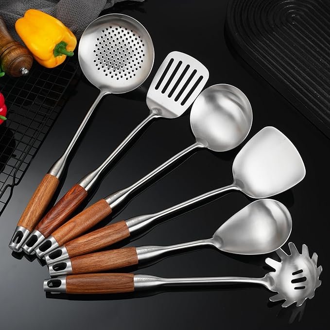Stainless Steel Cooking Utensils with Wooden Handle, 6 PCS Stainless Steel Kitchen Utensils 12.5"-14", Wok Spatula, Ladle, Skimmer, Slotted Spatula Turner, Spaghetti Spoon, Large Spoon