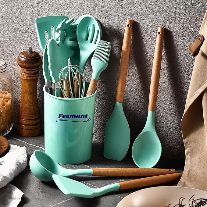 33-Piece Silicone Kitchen Cooking Utensils Set with Holder| Heat-Resistant | Non-Stick Cooking Utensils with Wooden Handles – BPA-Free Cookware Utensils set | Kitchen Tools Great for Gifting (GREEN)