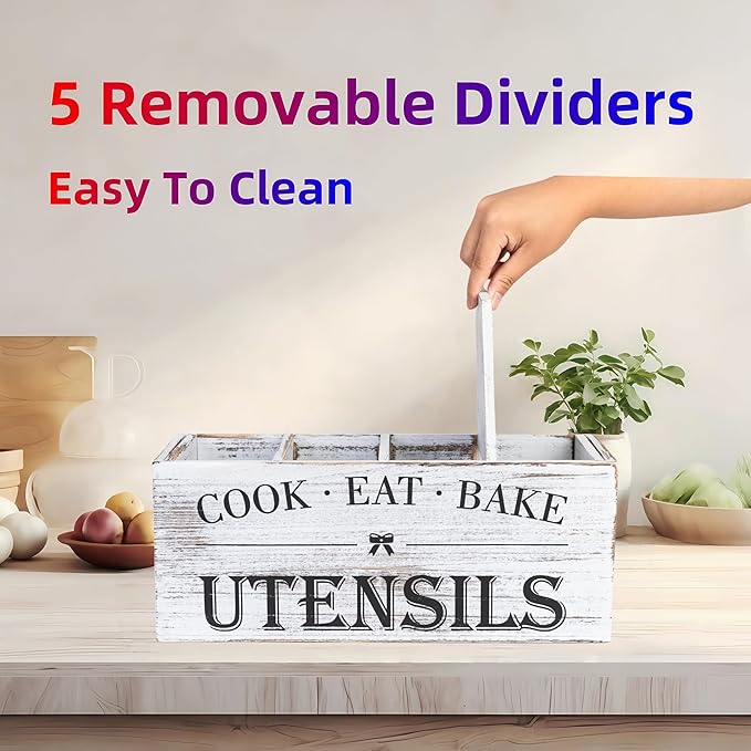 Utensil Holder,Extra Large Wooden Utensil Holder For Kitchen Counter,Cooking Spatula Organizer,Big Storage Caddy With 4 Compartments Flatware Spoon Tool Cutlery（Light White）