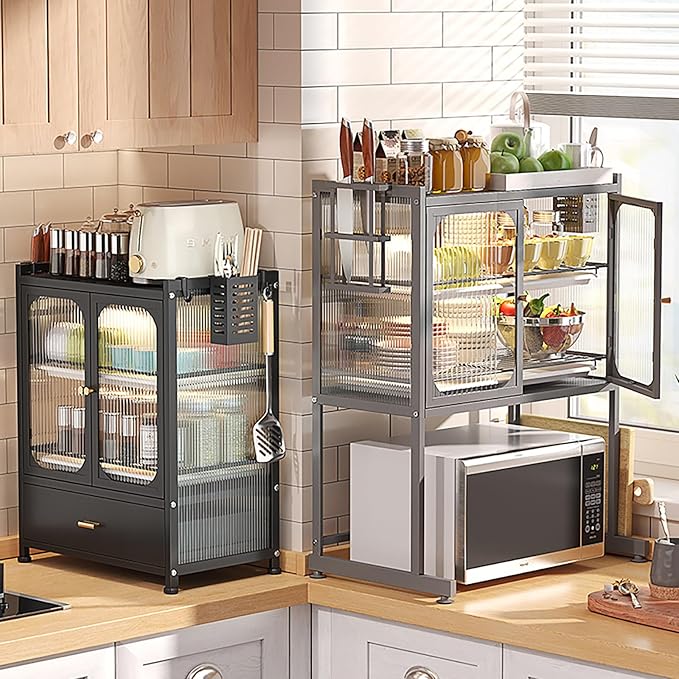 3 Tier Kitchen Countertop Microwave Oven Rack Dying Rack with Storage Cabinet Tableware Organizer Shelf with Draining Trays Knife/Chopping Board Holder Multifunctional Tableware Storage