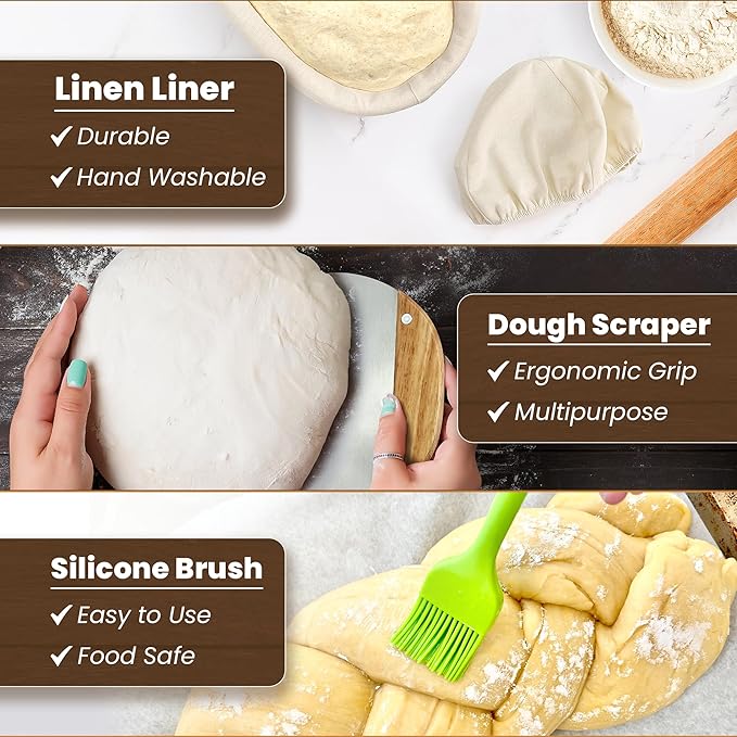 Casa Crest Sourdough Bread Baking Kit - Includes 1 Oval and 1 Round Banneton Basket for Proofing and Rising, Bowl Scraper, Cookbook, Liners, and Tools - Accessories and Supplies for Adults