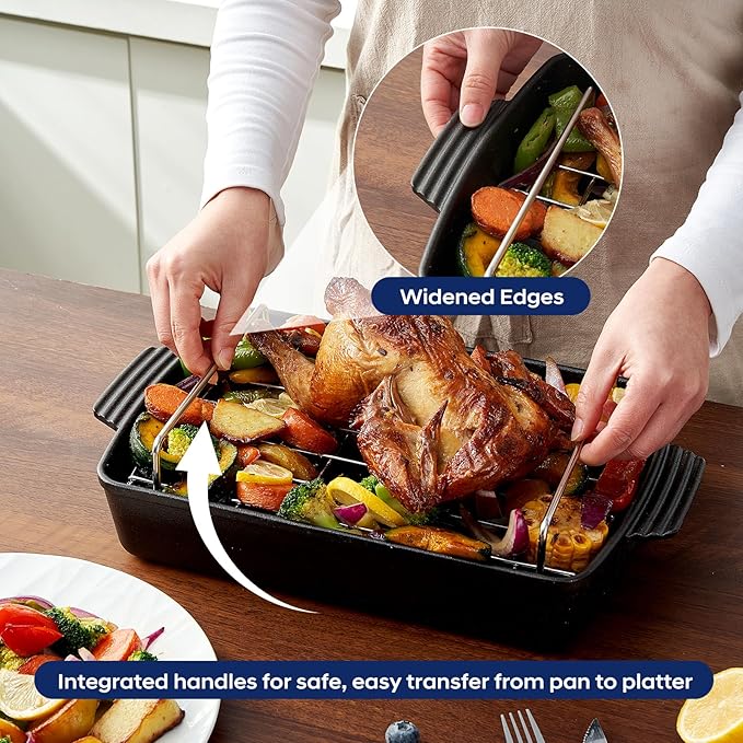 Cast Iron Roasting Pan with Rack, 9 x 12.6 Inch Heavy Duty Turkey Roaster, Induction Compatible Meat Broiler Pan for Stovetop and Oven