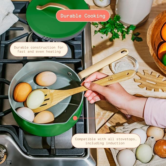 Pans12pc Ceramic Non-Stick Cookware Set by Drew Barrymore, Pots & Pans with Lids, Dishwasher‑Safe,Soft‑Touch Handles, Even‑Heat Base. (Kelly Green)