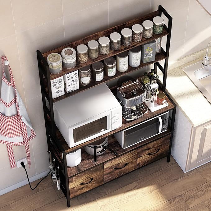 Kitchen Bakers Rack with Power Outlet,5-Tier Free Standing Storage Shelf Bakers Rack with Baskets,Industrial Microwave Oven Stand,Metal Kitchen Rack Organizer with Hooks