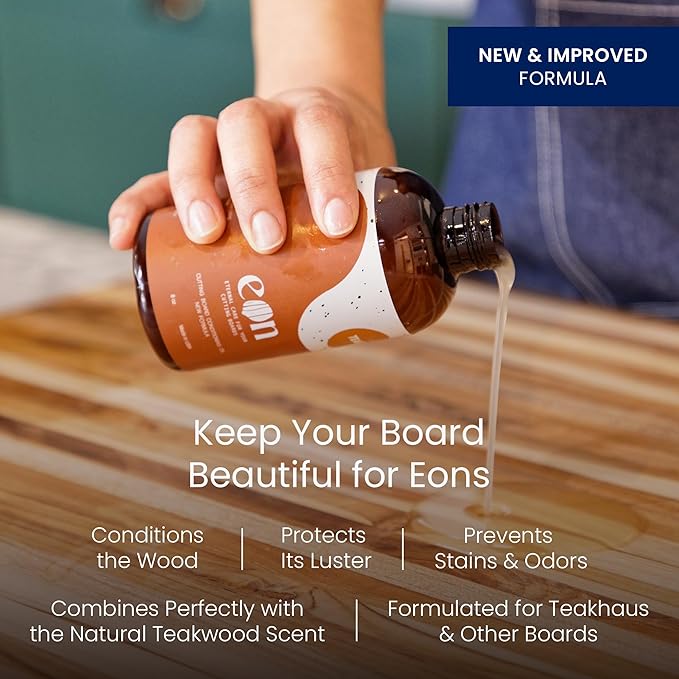 Teakhaus Carving Board and Cutting Board Oil Set - Includes Large (L) Wood Cutting Board with Grip Handles and EON Food Grade Mineral Oil - Knife-Friendly - FSC Certified