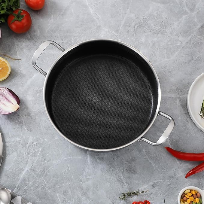 Tri-Ply Stainless Steel 5 Quarts Saute Pan, 12.5 Inch Nonstick Skillet with lids, Hybird Large Frying Pan,18/10 Chef's Cooking Pan, Induction Pan, Dishwasher and Oven Safe