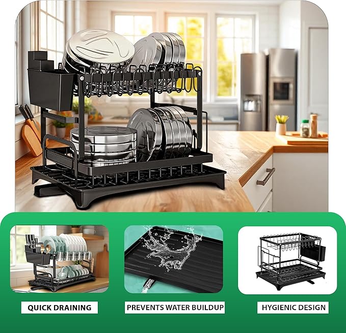 2-Tier Dish Drying Rack with 360° Rotating Drainage Spout, Heavy-Duty Rustproof Dish Rack with Utensil Holder & Storage Basket, Compact Space-Saving Design for Kitchen Counter Organization