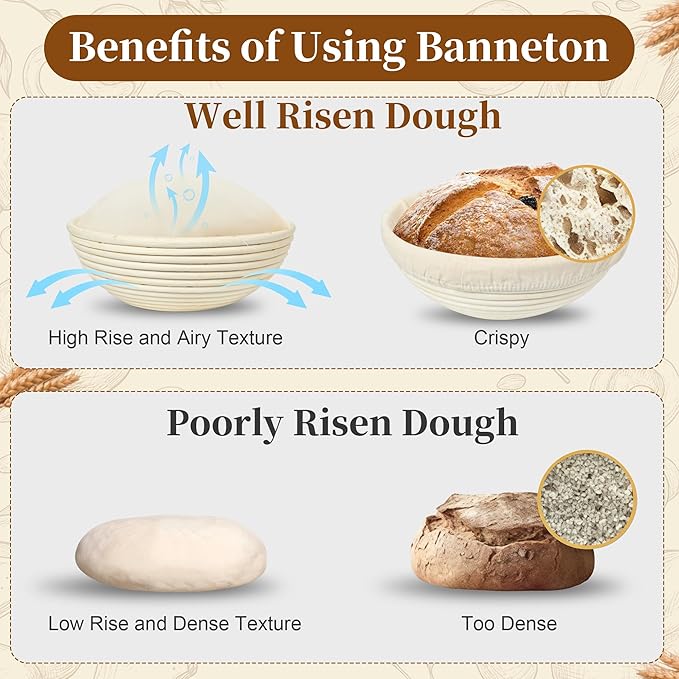 Banneton Bread Proofing Basket Set, 9" Round & 10" Oval Sourdough Bread Baking Supplies, Sourdough Starter Kit, Bread Making Tools Gift Set for Beginner Professional Bakers
