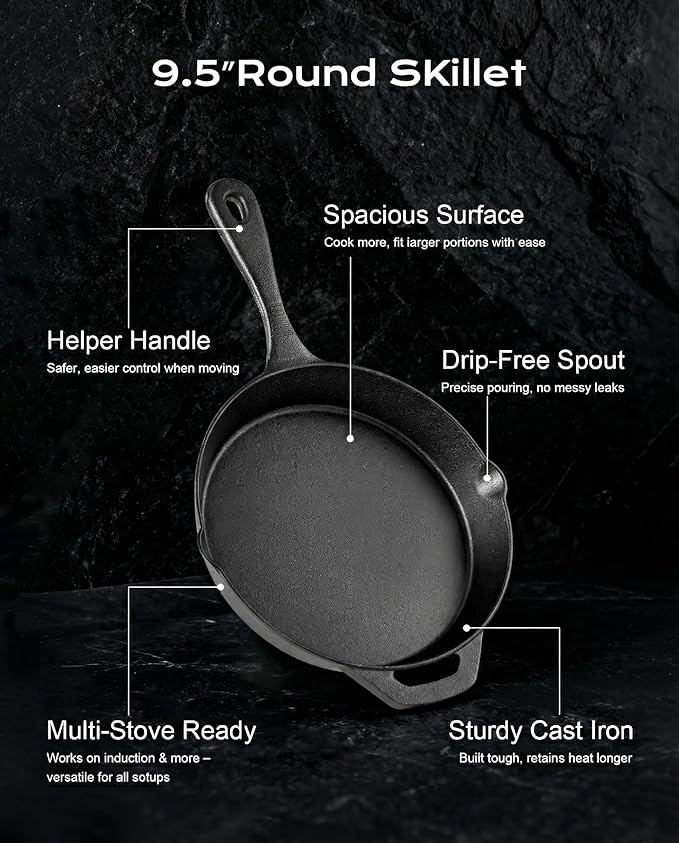 Cast Iron Skillets, 9.5 Inch Frying Pan with Teardrop Handle, Oven Safe, Durable Camping Cookware for Stove & Grill Use, Indoor/Outdoor