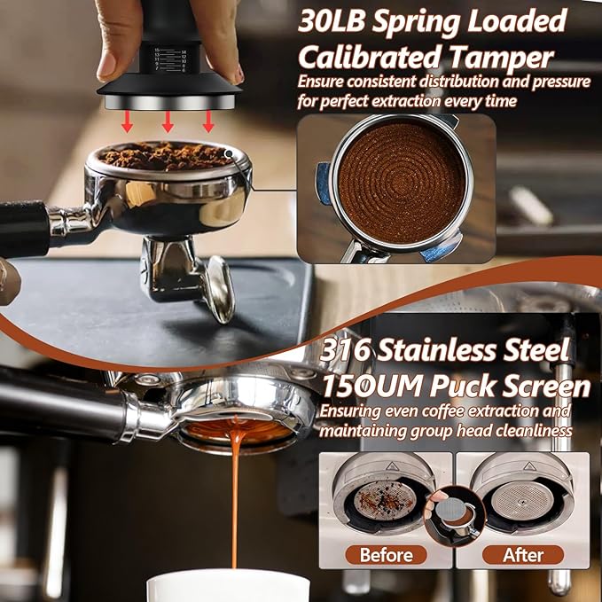 7 Pcs 53mm Espresso Accessories Kit, Spring Loaded Calibrated Tamper, WDT Tool, Coffee Measuring & Espresso Cup and Tamper Mat, Puck Screenr & Dosing Funnel, Fit 53mm Espresso Machine Accessories