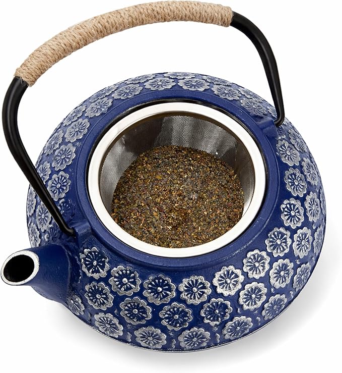 Juvale Japanese Cast Iron Teapot with Infuser & Stovetop Tea Kettle - 34 oz, Blue - Heat Retention, Removable Lid & Fold-Down Handle