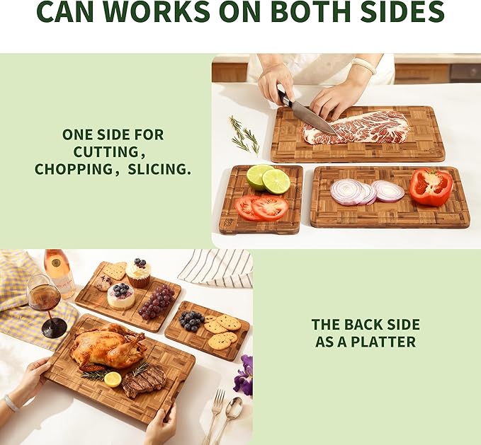 BAMBANG Bamboo Cutting Board for Kitchen with Juice Groove, End-Grain Butcher Block Chopping Boards, Checkered Wooden Cutting Boards Set of 3 with Stand, Knife-Friendly, Serving Tray
