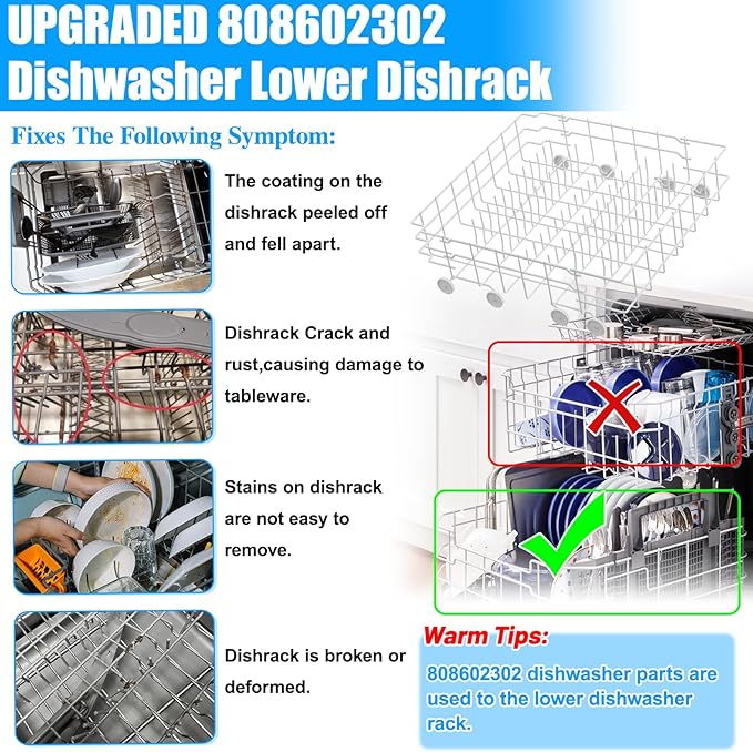 UPGRADED 808602302 Dishwasher Lower Dishrack Compatible with Frigidaire Kenmore Dishwasher Rack Replacement Parts with Wheels,808602302 154432602 Frigidaire Dishwasher Rack Parts Bottom Rack