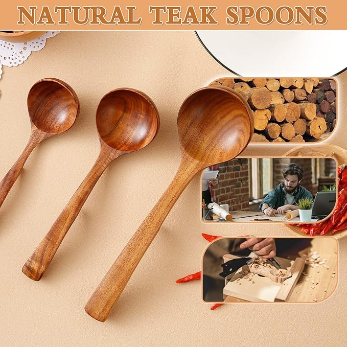 Wooden Ladle for Soup, 3Size Natural Teak Wooden Spoons for Cooking, Non-Stick Wood Spoon, Wood Cooking Spoons, Wooden Soup Spoons, Kitchen Utensils Spoons Sets