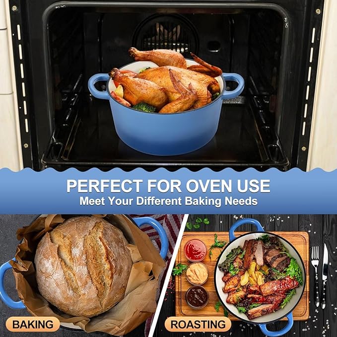 P&P CHEF 6QT Enameled Dutch Oven, Cast Iron Dutch Oven Pot with Lid for Bread Baking, Enameled Casserole Pot for Roasting Braising Stewing Frying Simmering, Various Stoves & Easy Clean, Blue