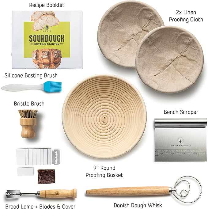 Sourdough Start Kit - Sourdough Bread Baking Supplies with Banneton Bread Proofing Basket Bowl, Cloth, Whisk, Bread Lame, Dough Scraper, 2 Brushes - Sourdough Starter Kit Bread Making & Baking Tools