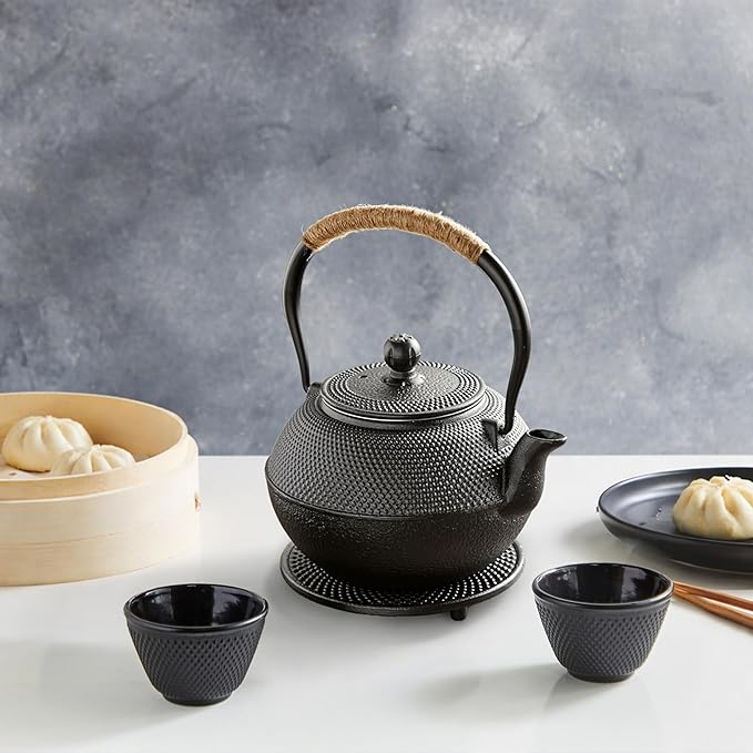 Juvale Cast Iron Teapot - 1200 mL, Black, 2 Cups - Japanese Tea Set with Stainless Steel Infuser & Stovetop Kettle for Loose Leaf Tea