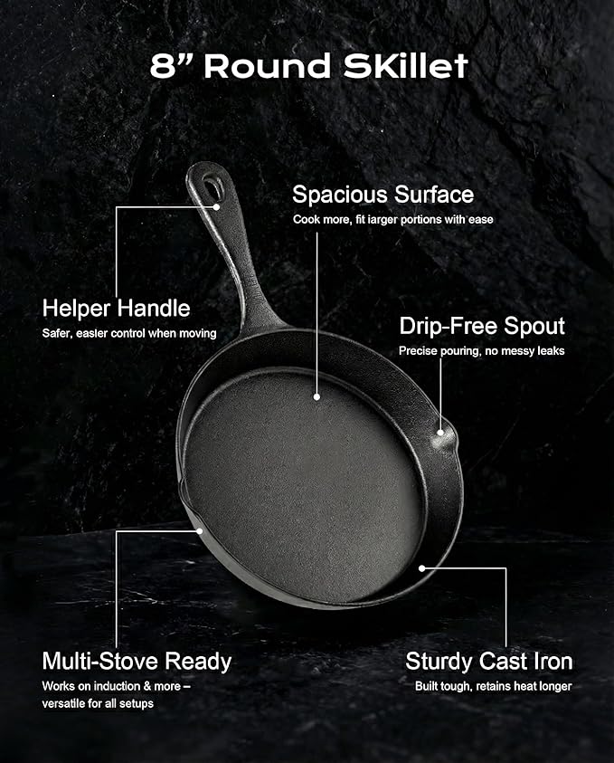 Cast Iron Skillets, 8 Inch Frying Pan with Teardrop Handle, Oven Safe, Durable Camping Cookware for Stove & Grill Use, Indoor/Outdoor