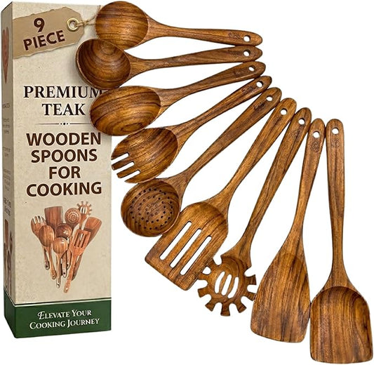 Teak Wooden Utensil Set (9-Piece) – Teak Cooking Utensils for Nonstick Cookware, Teak Wooden Spoons for Cooking & Spatula - Natural Wood Kitchen Utensils by Crafted Path