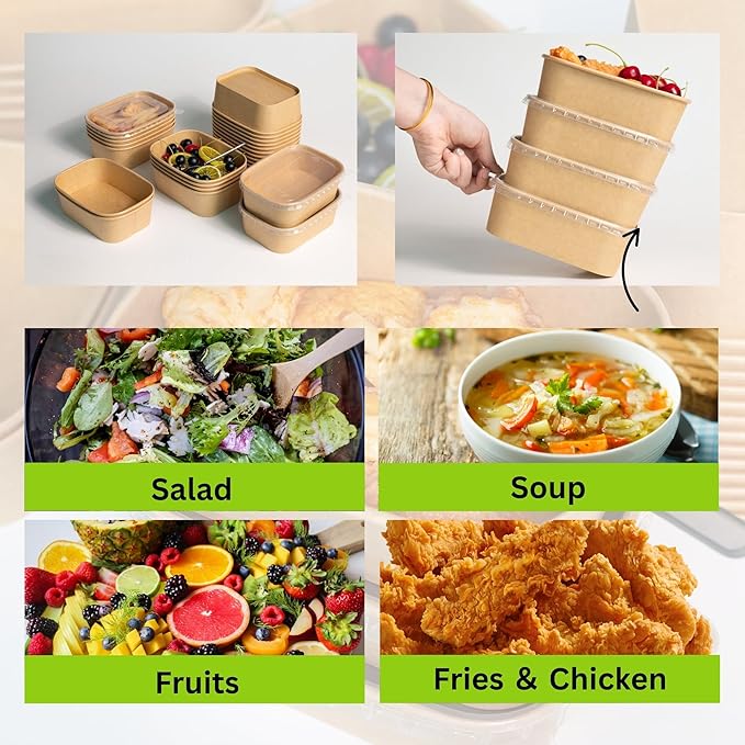 50 Pack 34 Oz Kraft Paper Bowl with Lid and Sporks, Disposable Catering Food Meal Prep Containers for Hot Food, Salad, Soup, School Lunch, Party, Takeout