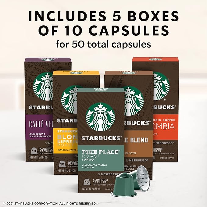 Starbucks by Nespresso Original Line Variety Pack Coffee,50-Count Espresso Pods,(Pack of 10)