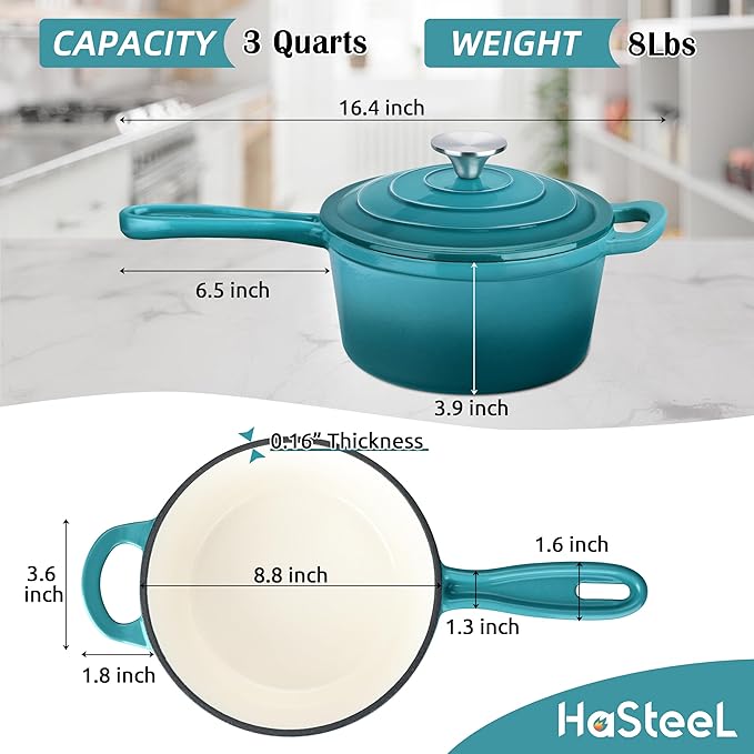 HaSteeL 3 QT Cast Iron Saucepan, Enamel dutch oven with lid, Small Non Stick Pan for Milk, Pasta Tomato Sauce, Butter, Breakfast, Soup, Suitable for Boiling Stewing Frying, Easy to Clean, Green