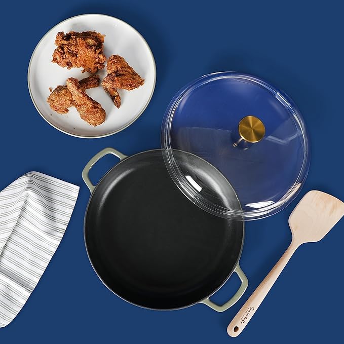 Sur La Table Kitchen Essentials Supper Club 3.75 Quart Enamel Cast Iron All In One Multi-Purpose Non-Toxic Nonstick Braiser Pan W/Borosilicate Glass Lid - Juniper Green