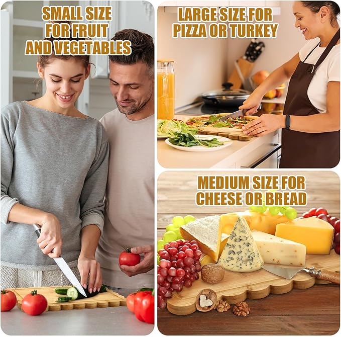 3 Pcs Bamboo Wood Scalloped Cutting Boards for Kitchen with Juice Groove Blank Wood Charcuterie Tray for Snack Cheese Appetizers Grazing Platter Engraving Gift Crafts Rustic Wall