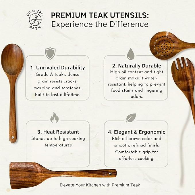 Teak Wooden Utensil Set (9-Piece) – Teak Cooking Utensils for Nonstick Cookware, Teak Wooden Spoons for Cooking & Spatula - Natural Wood Kitchen Utensils by Crafted Path