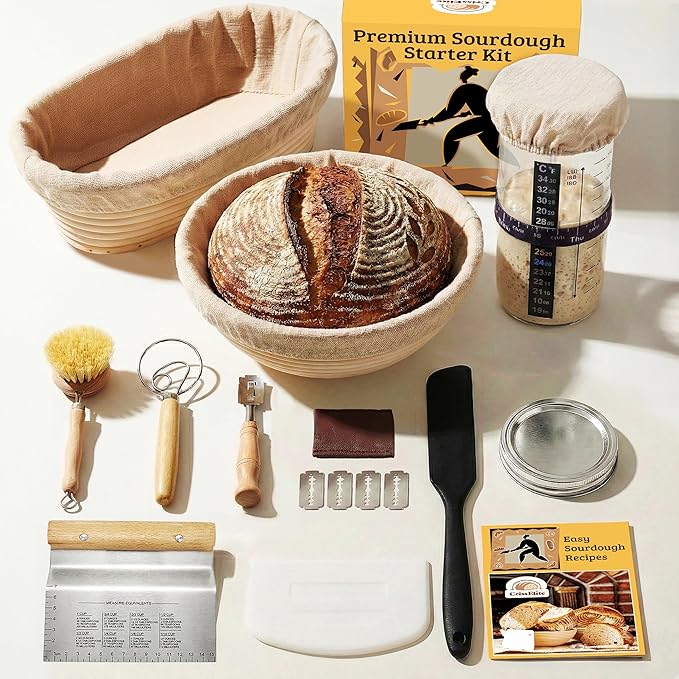 Sourdough Starter Kit – Complete Sourdough Bread Baking Supplies with 24oz Glass Sourdough Starter Jar, 9” Round & 10” Oval Banneton Proofing Basket Set, Sourdough Tools