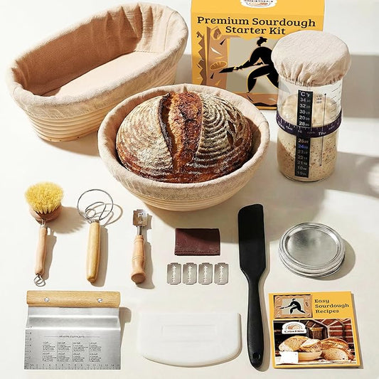 Sourdough Starter Kit – Complete Sourdough Bread Baking Supplies with 24oz Glass Sourdough Starter Jar, 9” Round & 10” Oval Banneton Proofing Basket Set, Sourdough Tools
