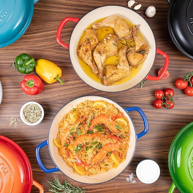 Shallow Cast Iron Casserole with Lid – Non Stick Dutch Oven Pot, Oven Safe up to 500° F – Sturdy Ovenproof Stockpot Cookware – Enamelled Cooking Pot – Dark Blue, 5-Quart, 32cm – by Nuovva