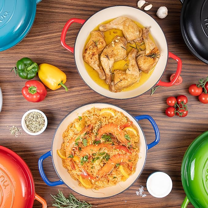 Shallow Cast Iron Casserole with Lid – Non Stick Dutch Oven Pot, Oven Safe up to 500° F – Sturdy Ovenproof Stockpot Cookware – Enamelled Cooking Pot – Green, 5-Quart, 32cm – by Nuovva