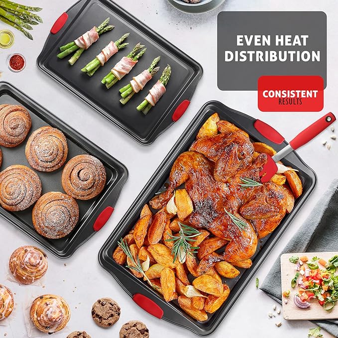 Baking Sheet Set, 3-Piece Cookie Sheet Set with Silicone Handles, Steel Baking Pan, Durable Baking Sheets for Oven, BPA Free Cookie Sheets for Baking Nonstick Set, Premium Sheet Pan, Black Baking Tray