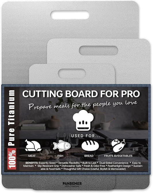 Titanium Cutting Boards for Kitchen, Set of 3 Food Grade 100% Pure Titanium Double-Sided Chopping Boards, Non-Toxic, Dishwasher Safe, Easy to Clean – 10", 12", 16"