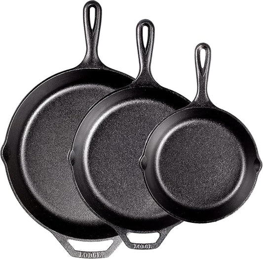Lodge Seasoned Cast Iron Skillet Set - PFAS-Free, Non-Toxic Cookware - Use with an Oven, Stove, Grill, or Campfire - Naturally Non-Stick & Oven Safe - 8, 10.25 & 12 Inches