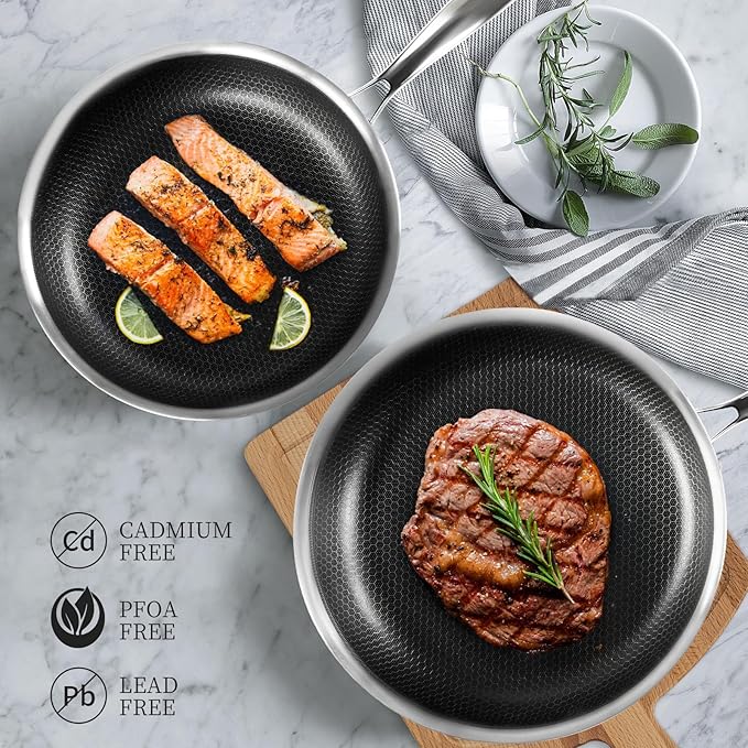 Innerwell Stainless Steel Frying Pan Set with Lid 10" and 12" Nonstick Honeycomb Coatings Skillet Set 2pcs W/Stay Cool Handle,Works Pan for Cooking with Induction Gas Stovetops