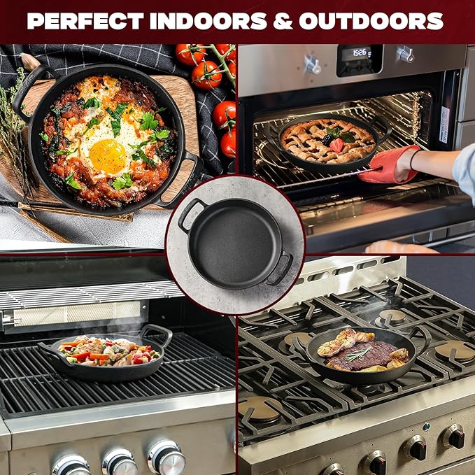 onlyfire Pre-Seasoned Cast Iron Skillet, Round Frying Pan with Nonstick Grill Surface and Dual Handles, 10 Inch Cast Iron Pan - Compatible With All Stovetops - Oven Safe & Rust Resistant