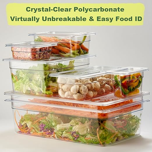 CURTA 6-Pack 1/4 Size 4" Deep NSF Polycarbonate Food Pans with Handled Lids & Drain Trays | Dishwasher & Freezer Safe Clear Container for Prep Tables, Buffet, Salad Bar, Commercial & Home Kitchen