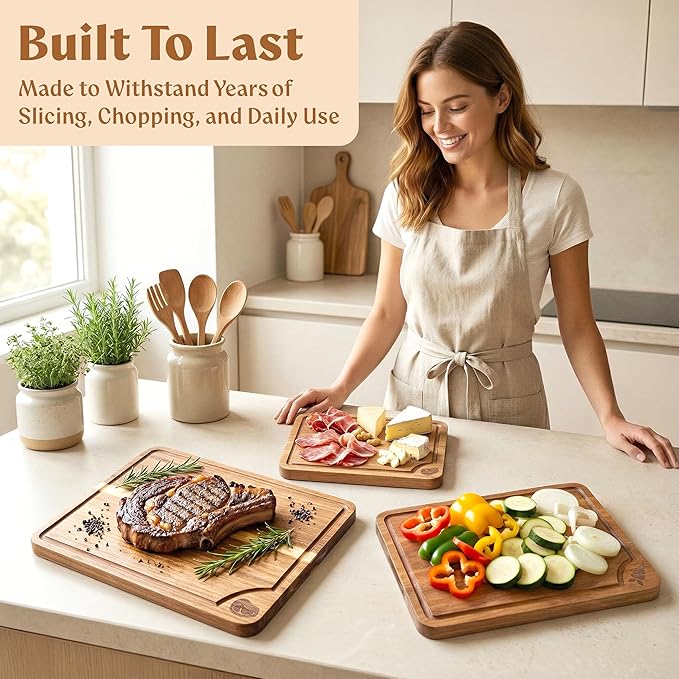 Cutting Boards for Kitchen (Set of 3) Beeswax Finished Acacia Wood Cutting Board, Mineral Oil Free Wooden Cutting Boards non Toxic with Juice Groove, Non-Slip Feet, Charcuterie Boards