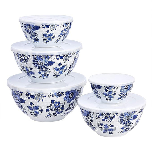 Amazon Basics Nesting Melamine Mixing Bowls with Lids and Non-Slip Base, Dishwasher Safe, Space Saving, 5 Sizes, Blue and White Floral, Set of 10