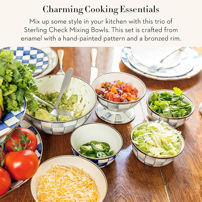 MACKENZIE-CHILDS Enamel Mixing Bowl Set, Small 5-Cup, Medium 10-Cup, and Large 16-Cup Serving Bowls for Entertaining, Set of 3, Gray-and-White Sterling Check