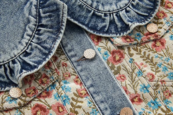 Xaspee Womens Peter Pan Collar Cropped Jean Jacket Embroidered Jacquard Long Sleeve Casual Floral Denim Jackets Coat
