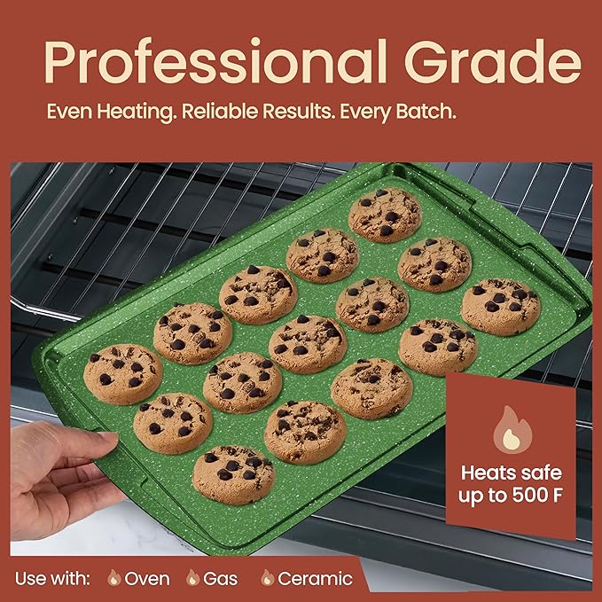 Green 10-Piece Bakeware Sets, Nonstick Carbon Steel Baking Sheet & Pans, Stackable Space-Saving Bakeware, Dishwasher Safe, Stain-resistant, PFOAPFOSPTFE Free, Oven Safe Up To 450°F (230°C)