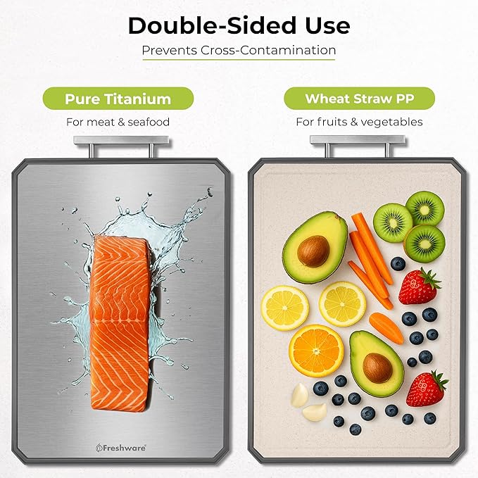 Freshware Titanium Cutting Board for Kitchen, Doble Sided and Non Slip Cutting Boards with Handle, Pure Titanium/PP, Chopping Board with Juice Grooves, Dishwasher Safe, Large 16.2" by 11"