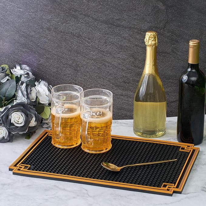 2 Pcs 18 x 12 Inch Bar Mat Non Slip Rubber Mat with Gold Border Durable Stylish Spill Cocktail Service Coffee Mats for Restaurants Barbershop Clippers Bartending, Black