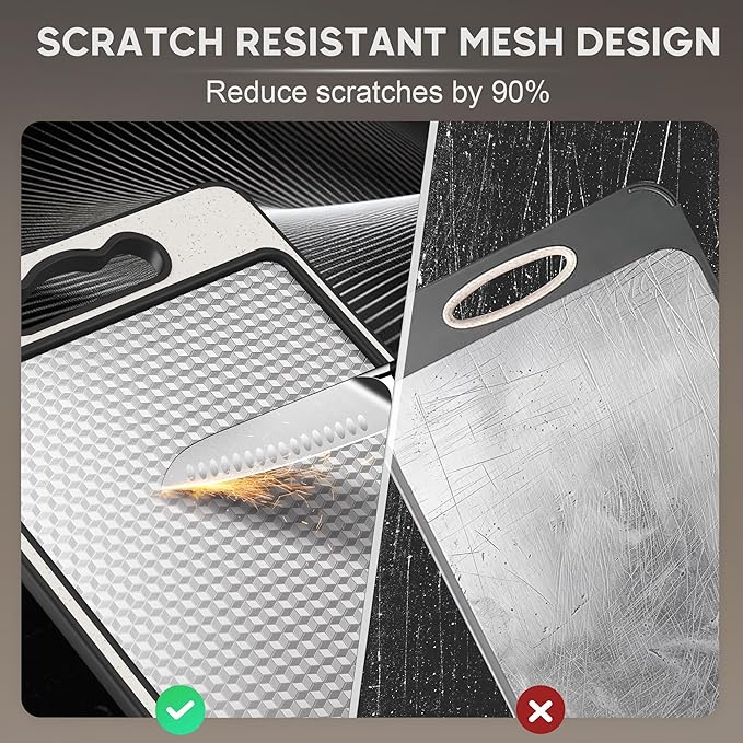 Double Sided 304 Stainless Steel & Wheat Straw Cutting Board, 14.4"*9.8" Non Toxic Lightweight Chopping Board, Separately Handle Meat and Vegetables, Dishwasher Safe, Scratch Resistant Mesh Design